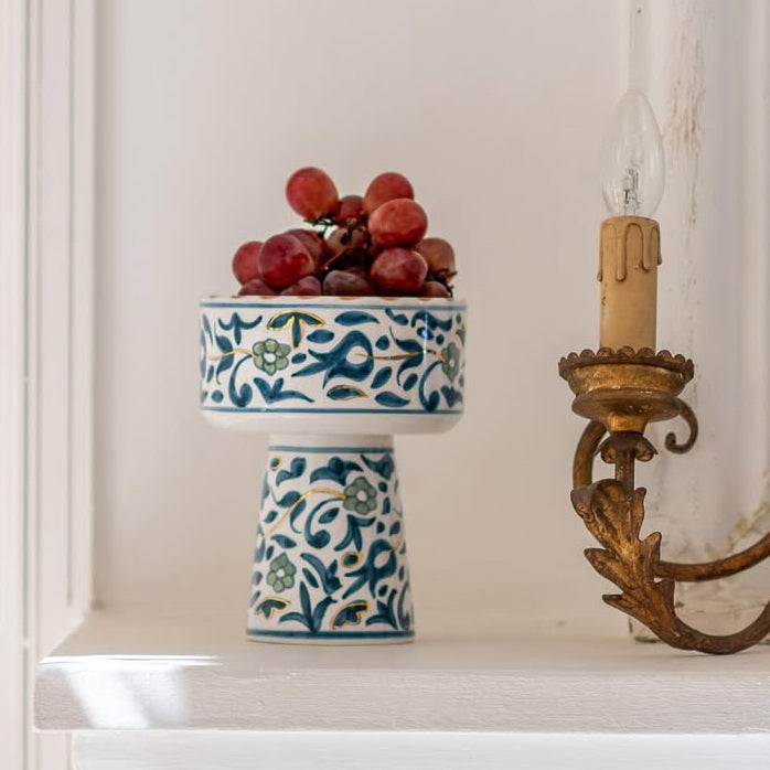 وعاء مقبلات صغير/كبير مزين بالزهور - أزرق حجري