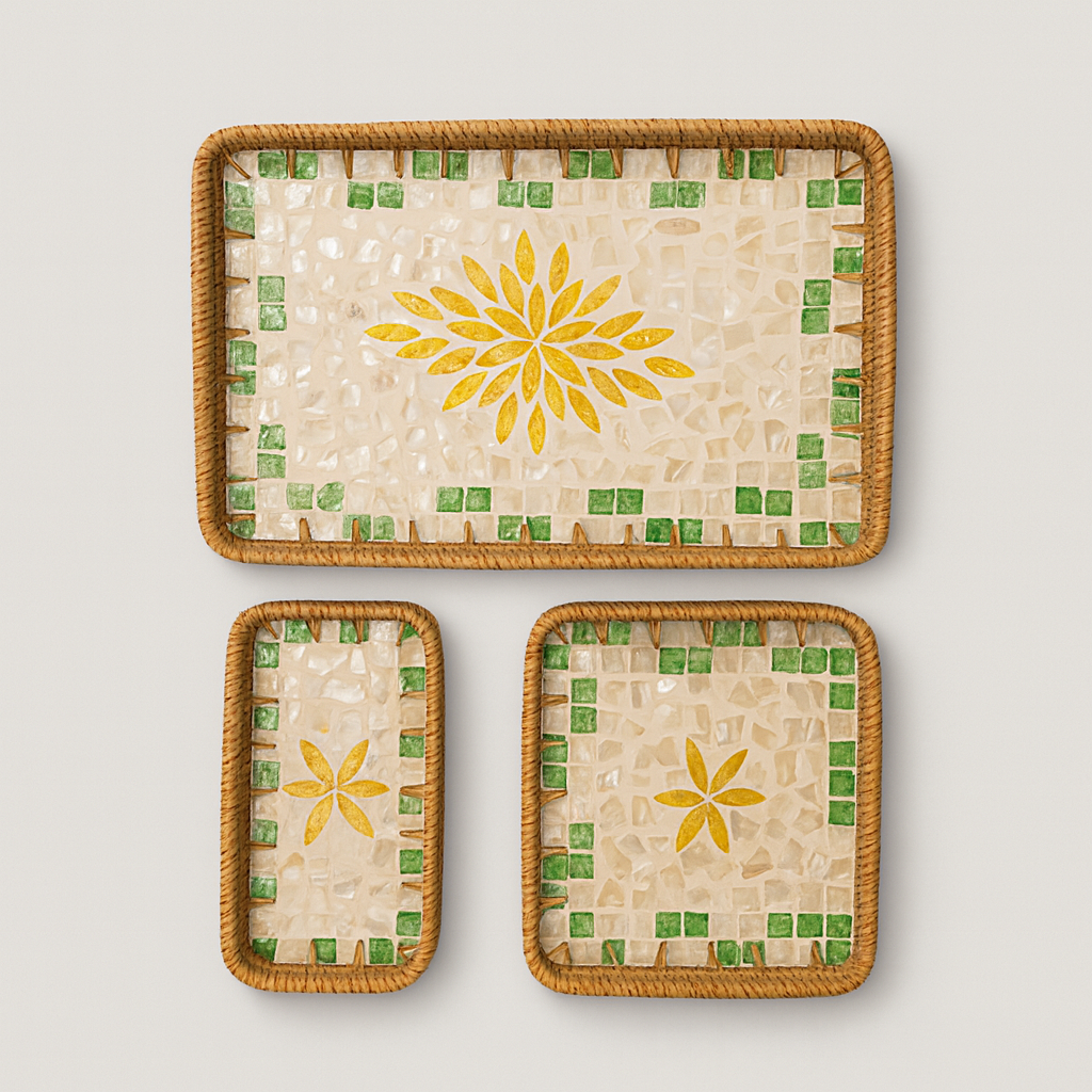 Mosaic Mother of Pearl Trays (Set of 3) - Green & Yellow
