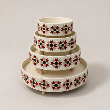 Embroidered Faux Leather Round Serving Trays (Set of 4)