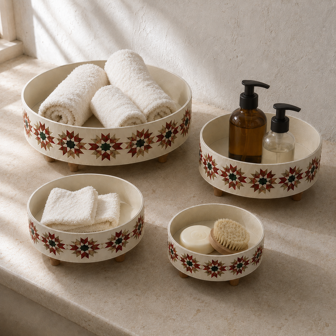 Embroidered Faux Leather Round Serving Trays (Set of 4)