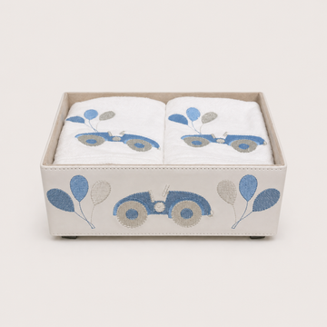 Embroidered Faux Leather Box & 6 Towels Baby Gift Set - Blue