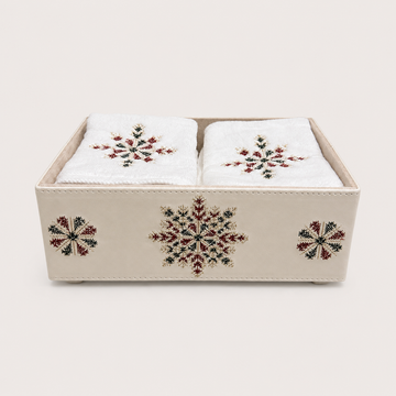Embroidered Faux Leather Box & 6 Towels Gift Set - Star