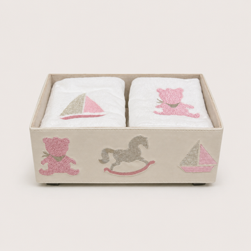 Embroidered Faux Leather Box & 6 Towels Baby Gift Set - Pink