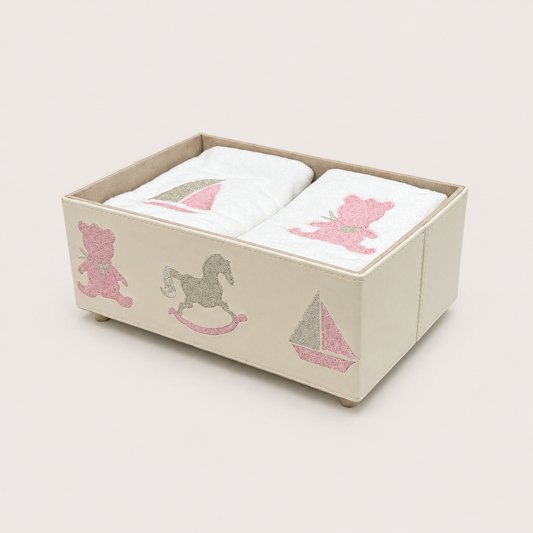 Embroidered Faux Leather Box & 6 Towels Baby Gift Set - Pink