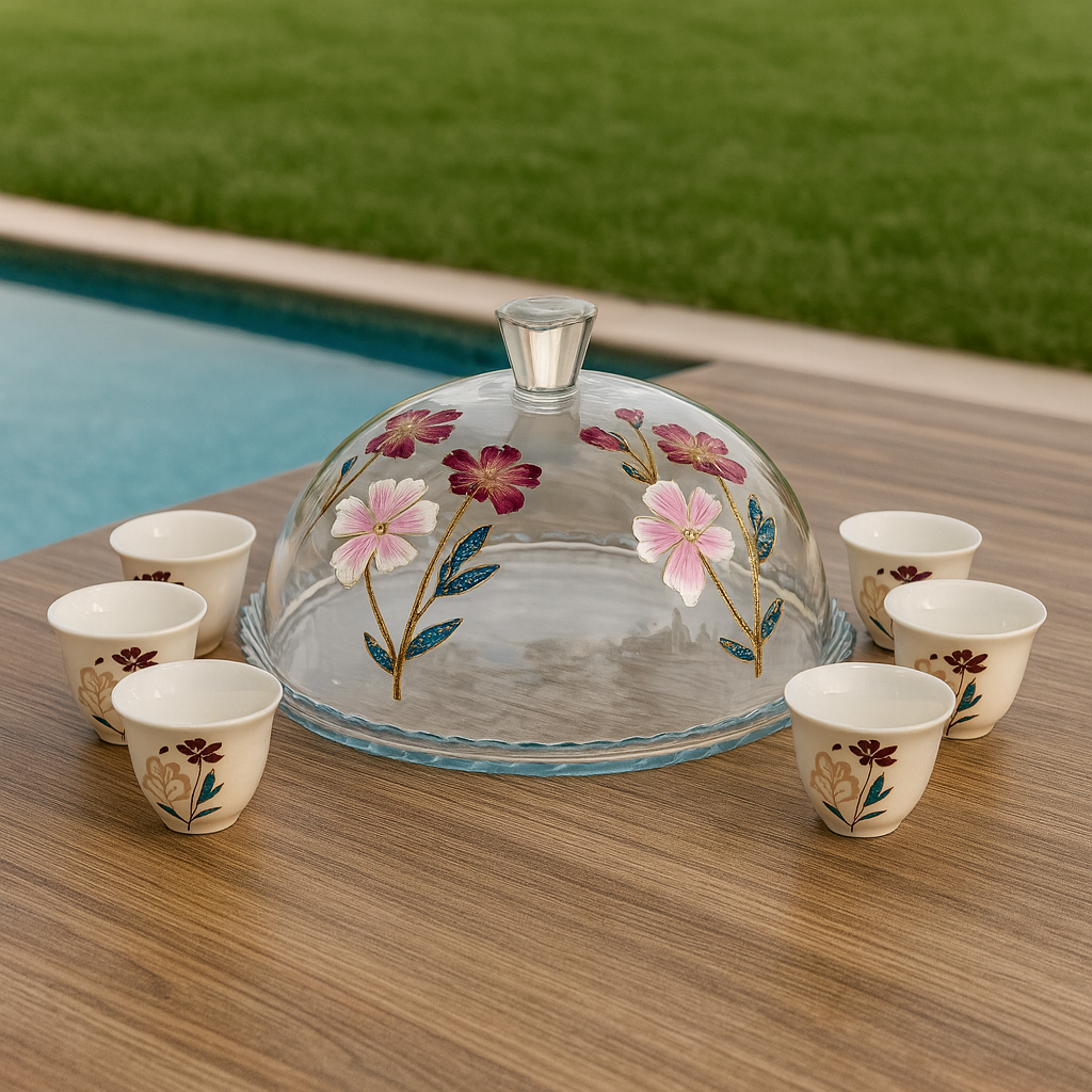 Hand-Painted Glass Serving Plate and Arabic Coffee Cups (Set of 7)