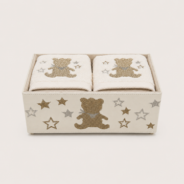 Embroidered Faux Leather Box & 6 Towels Baby Gift Set - Gold