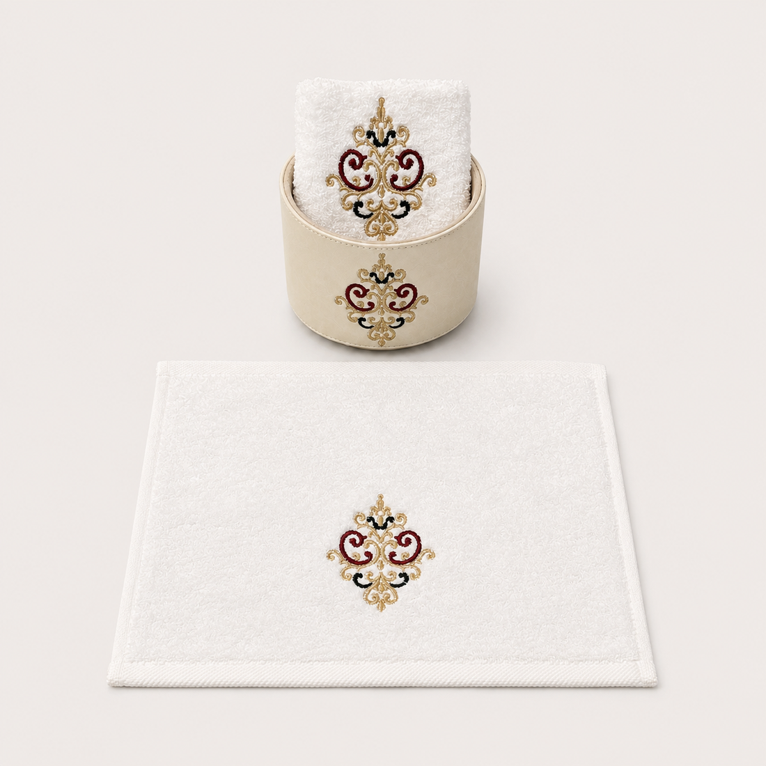 Embroidered Faux Leather Gift Set (3 Boxes & 6 Towels)