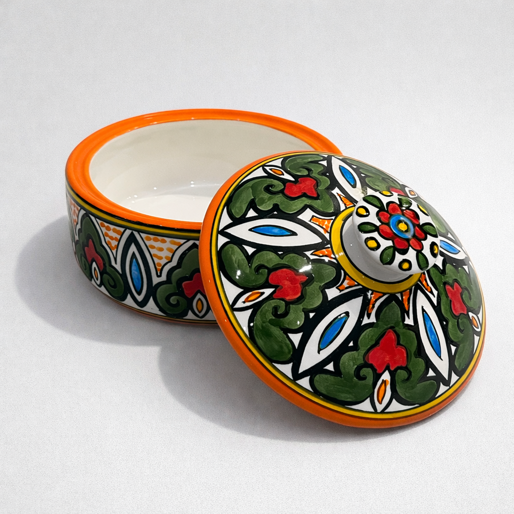 Large Serving Bowl with Lid (21 cm) - Green & Orange