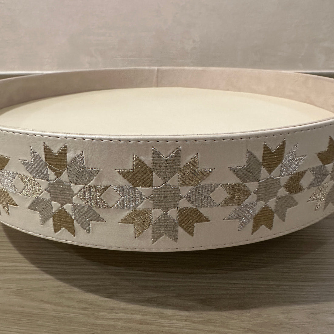 Embroidered Faux Leather Round Serving Tray (40 cm)