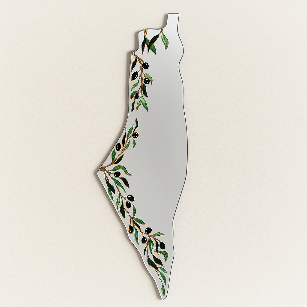 Large Hand-Painted Mirror (57 cm) - Olive Branches on Palestine Map