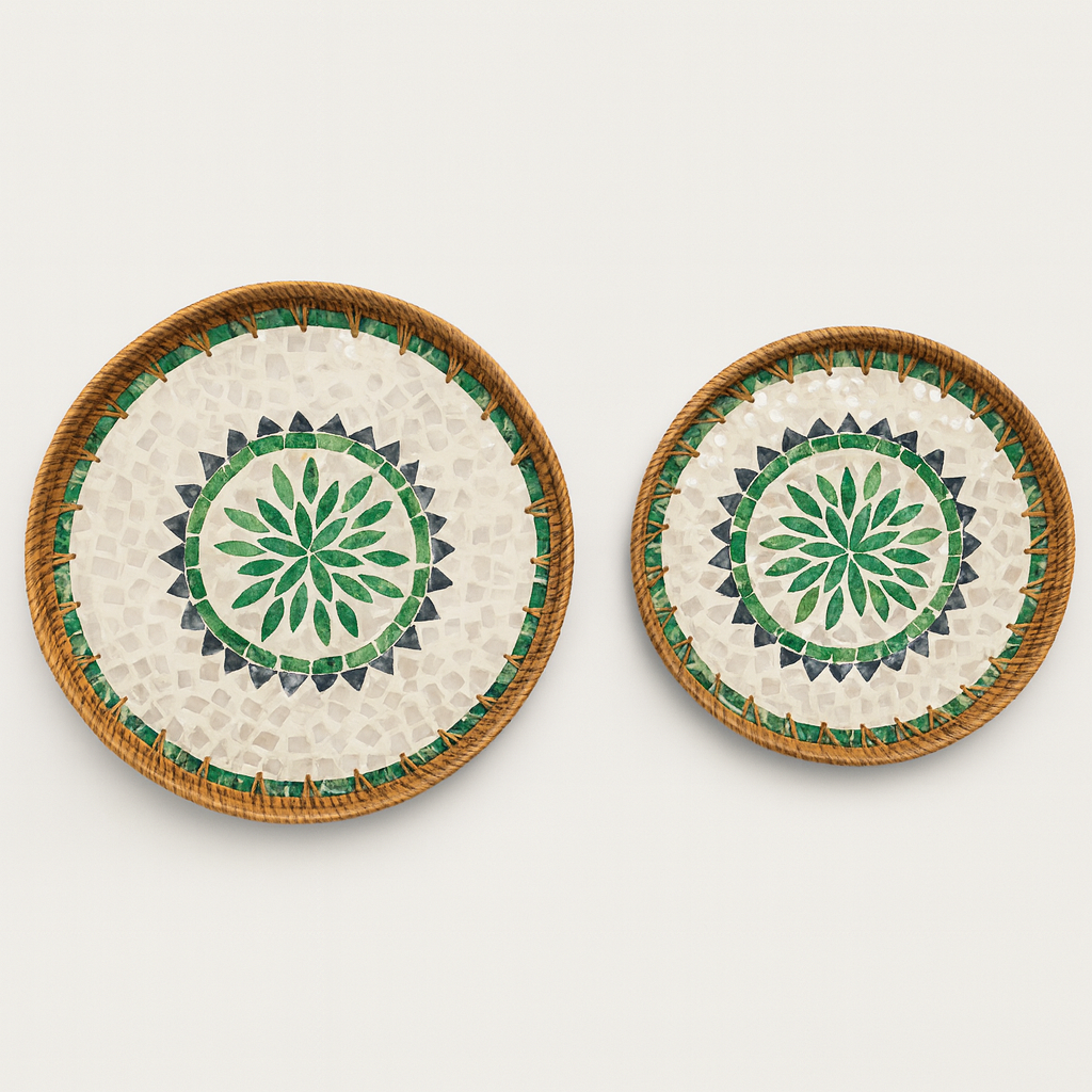 Mosaic Mother of Pearl Trays (Set of 2) - Green & Black