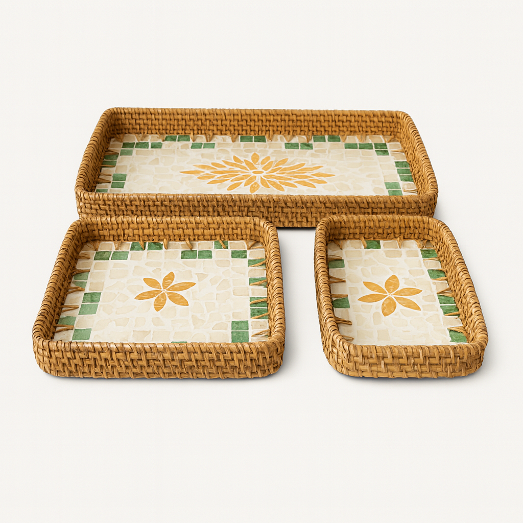 Mosaic Mother of Pearl Trays (Set of 3) - Green & Yellow
