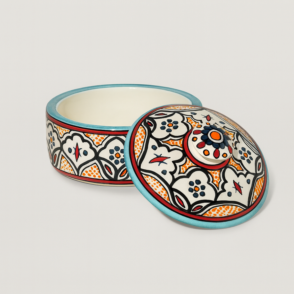 Large Serving Bowl with Lid - Turquoise & Orange