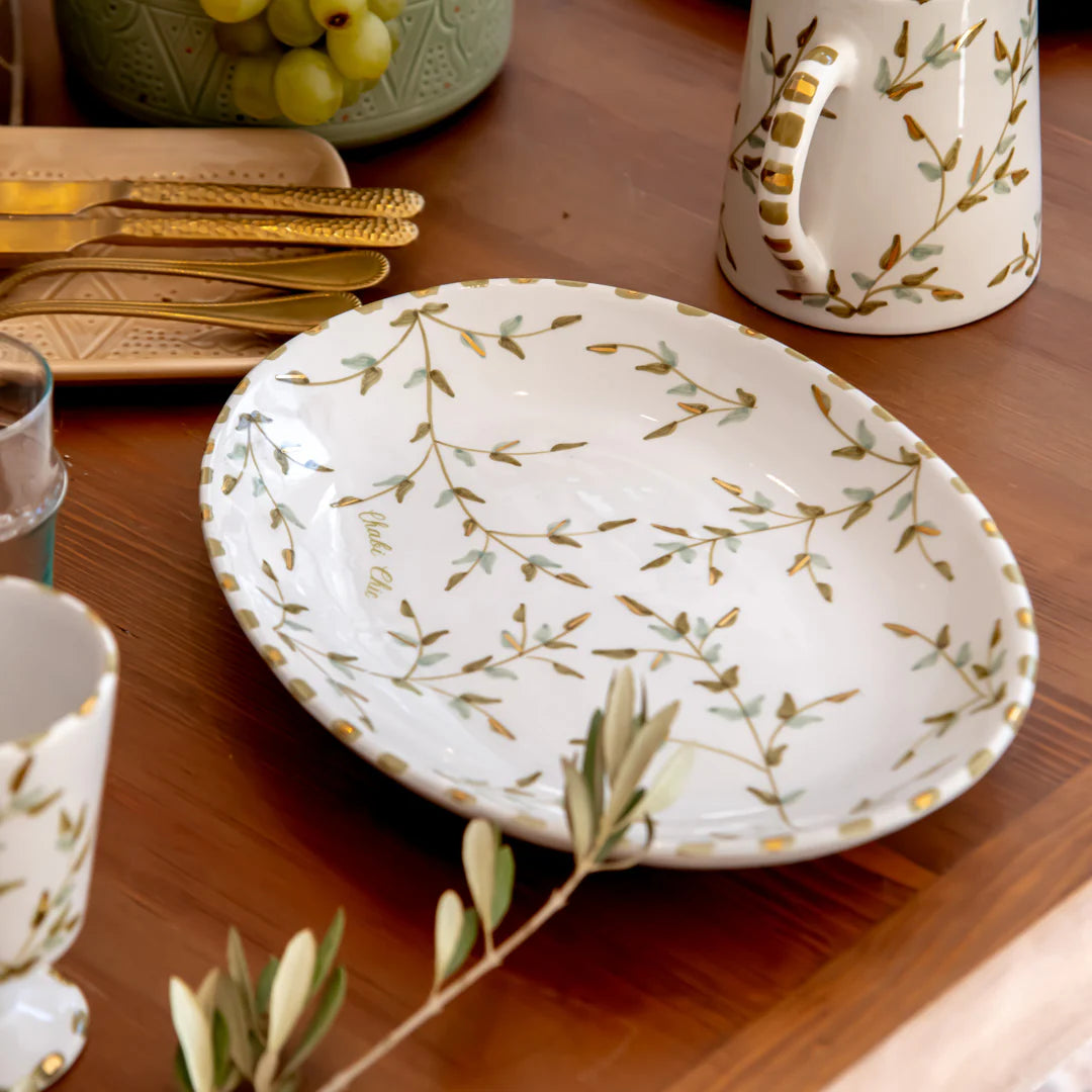 Large Leaves Serving Plate (36 cm) - White & Mint Green