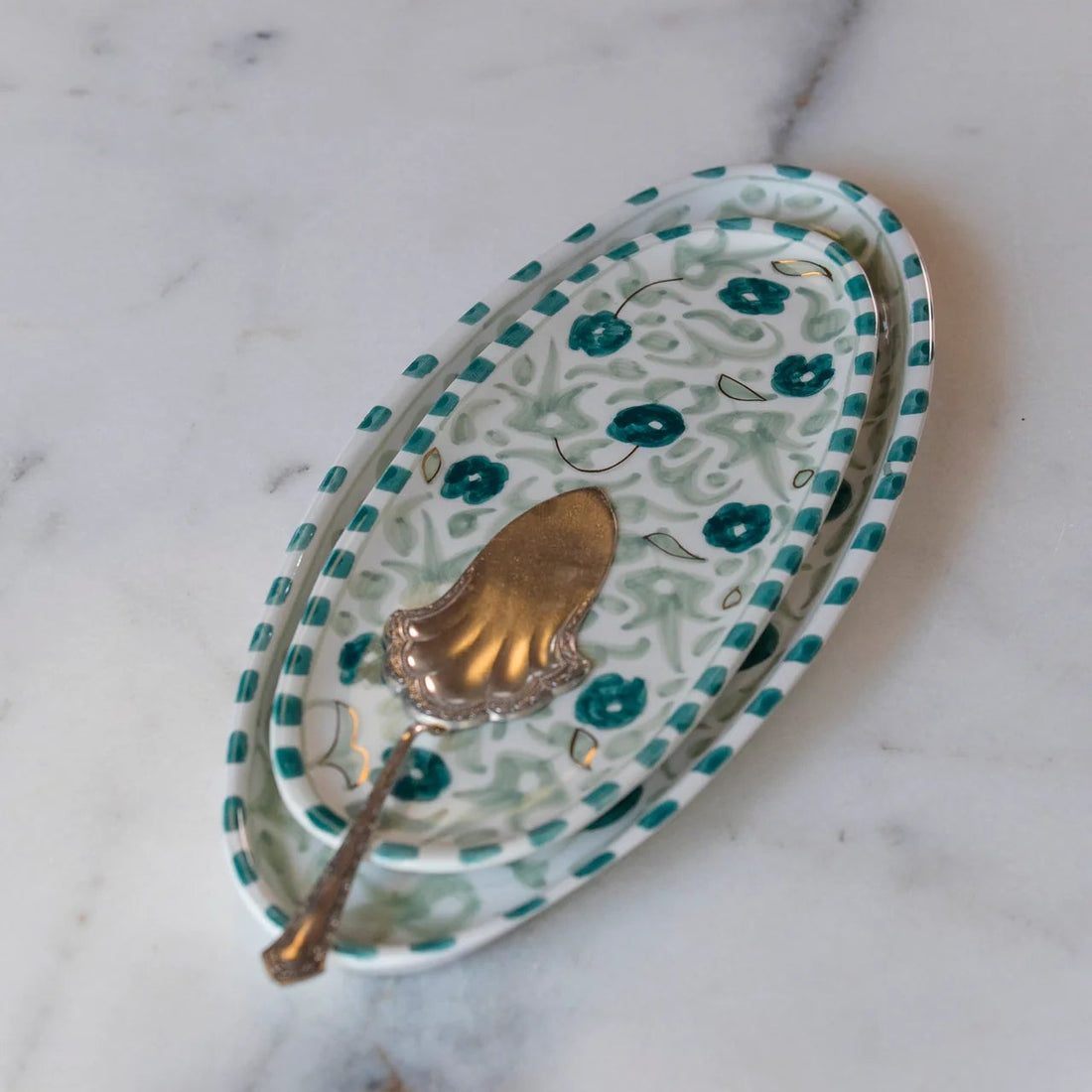 Floral Oval Serving Plate (38 cm) - Mint Green