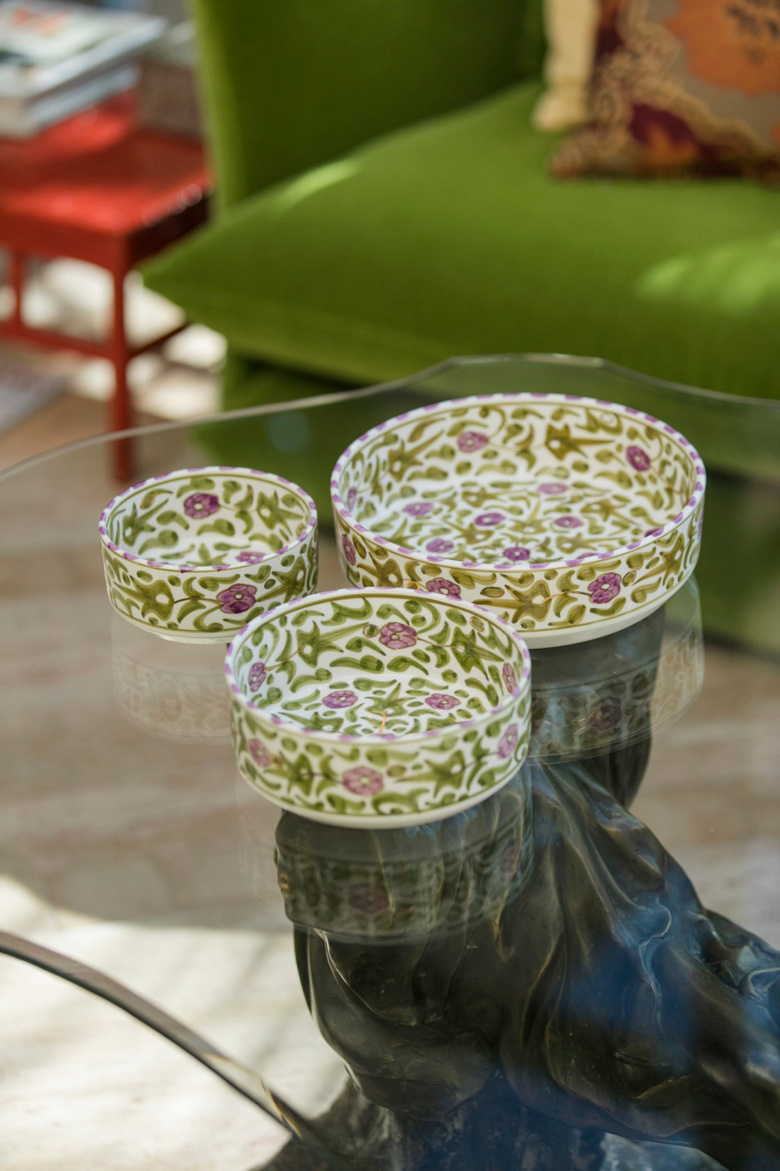 Floral Flat Serving Bowl (18 cm) - Mint Green